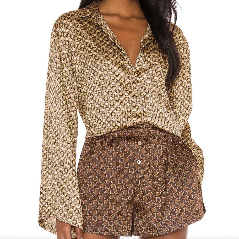 L'Academie Gold and Brown Printed Satin Blouse